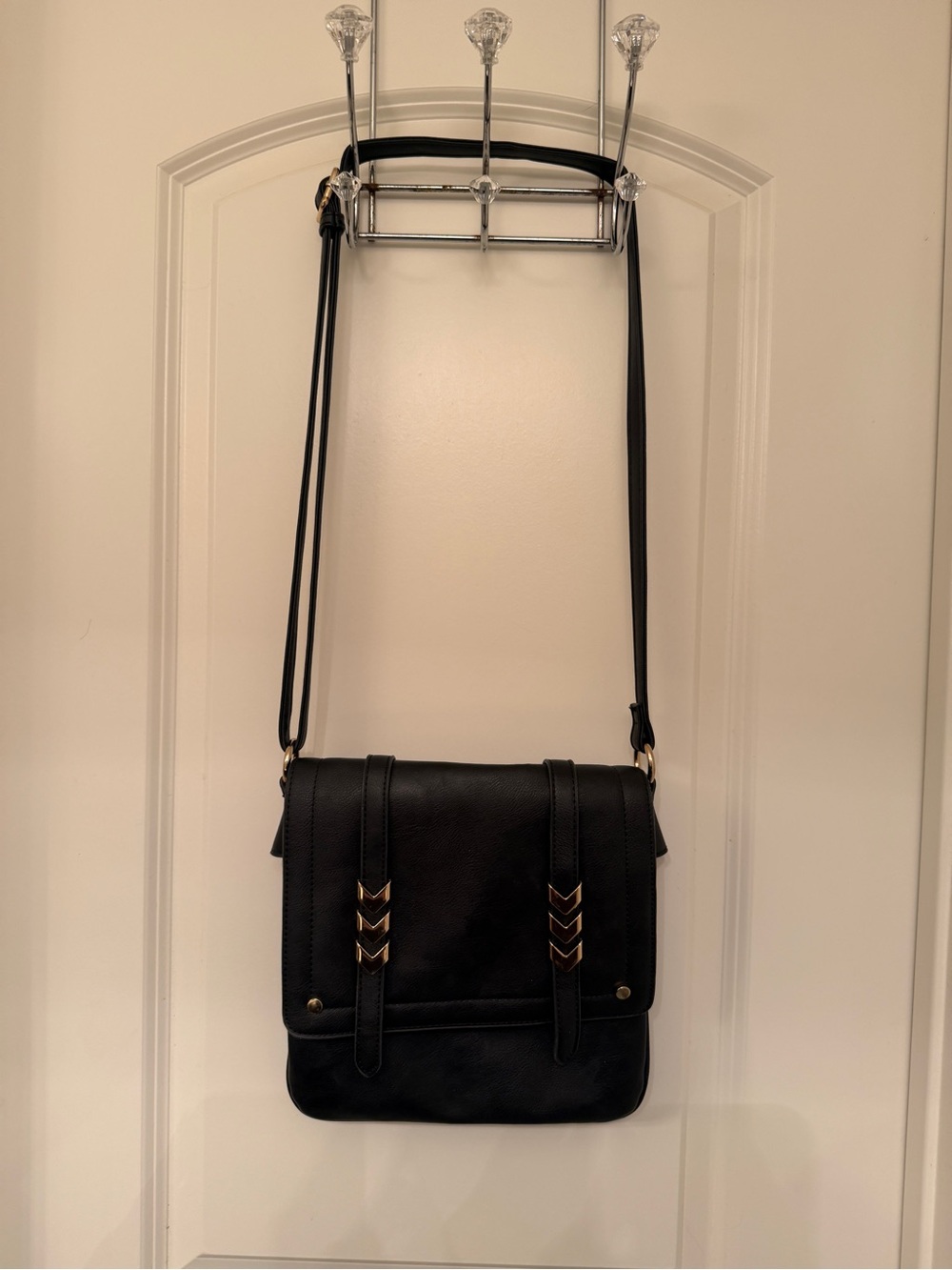 Black Crossbody Shoulder Bag with Gold Accents